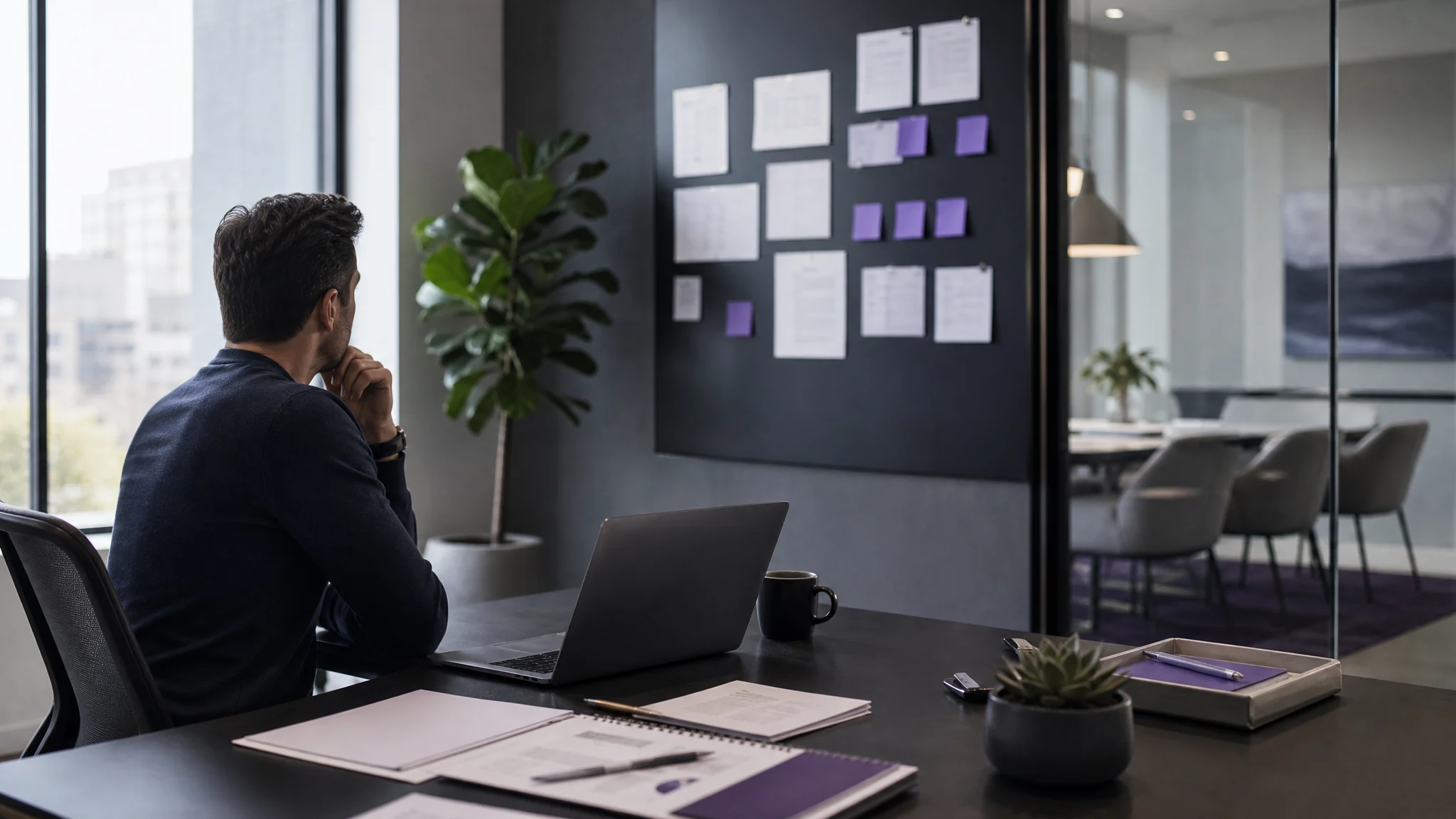 Founder reviewing SaaS exit readiness notes and valuation inputs at a clean workspace