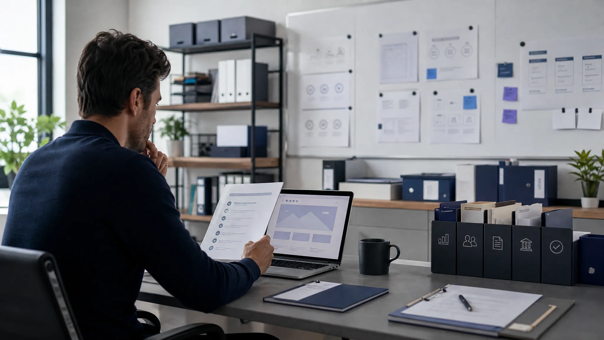 Founder reviewing website acquisition materials before selling to a business buyer