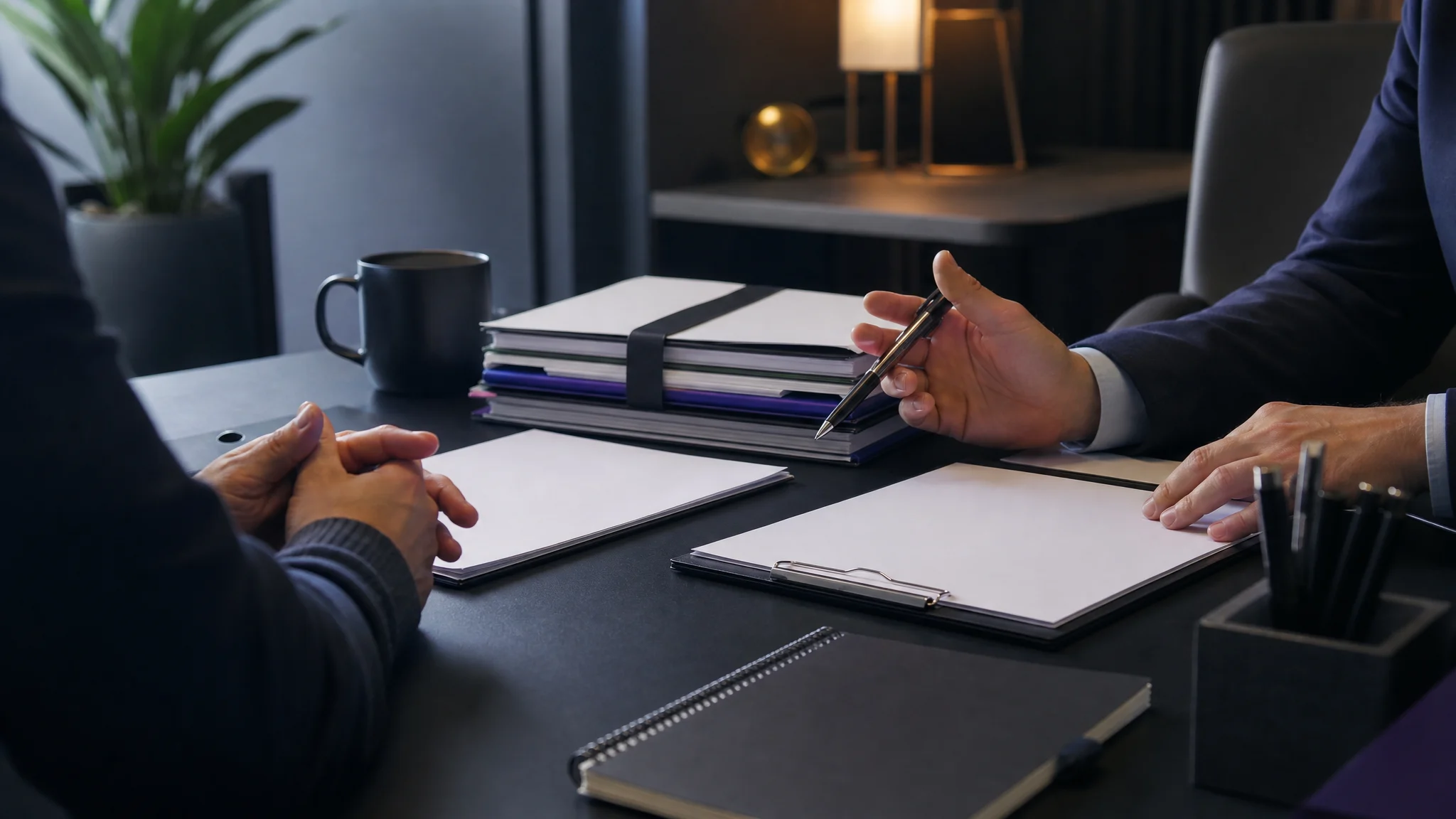 Founder and acquisition operator reviewing due diligence materials in a calm business setting