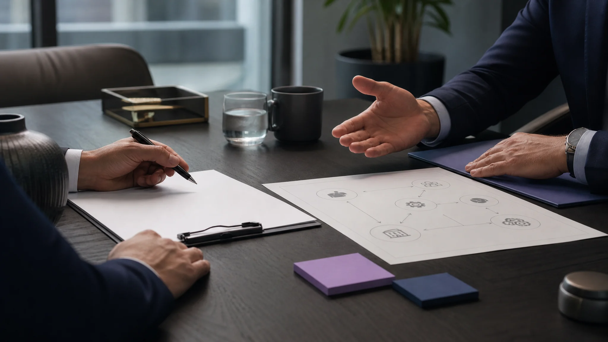 Founder reviewing a practical exit planning workspace with business documents, an operations map, and calm acquisition-themed accents.