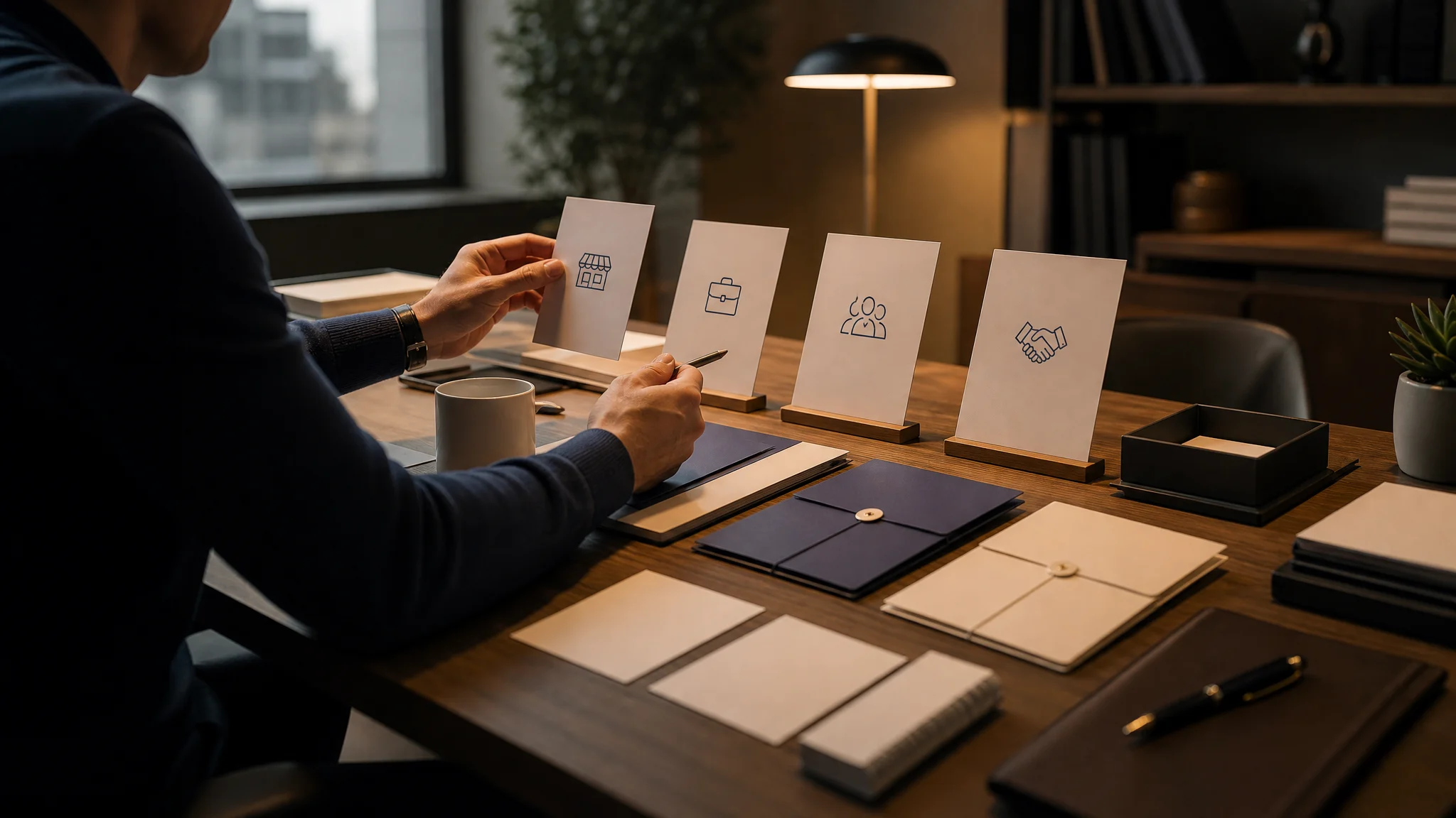 Founder comparing sale paths for an online business in a clean decision-making workspace