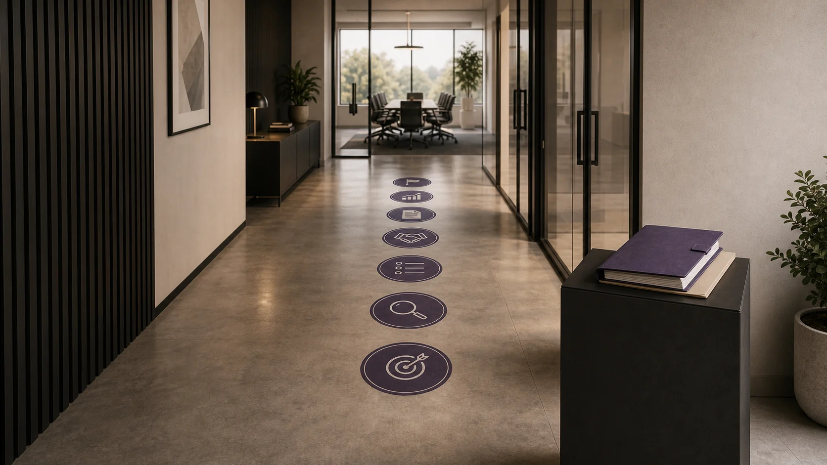 Office corridor with seven steps leading toward a bright exit room