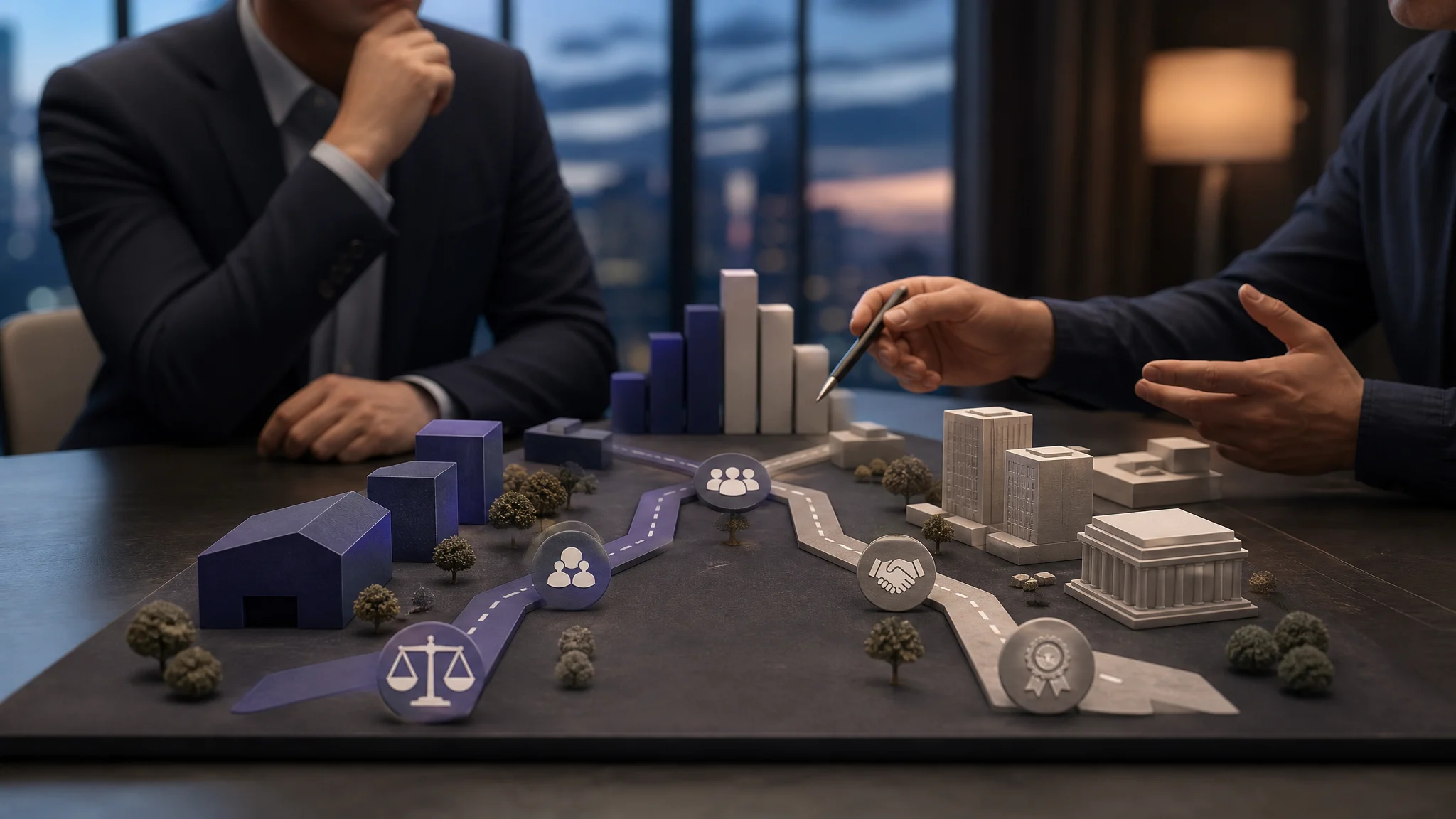 Founder reviewing two exit path options with an advisor in a calm business setting
