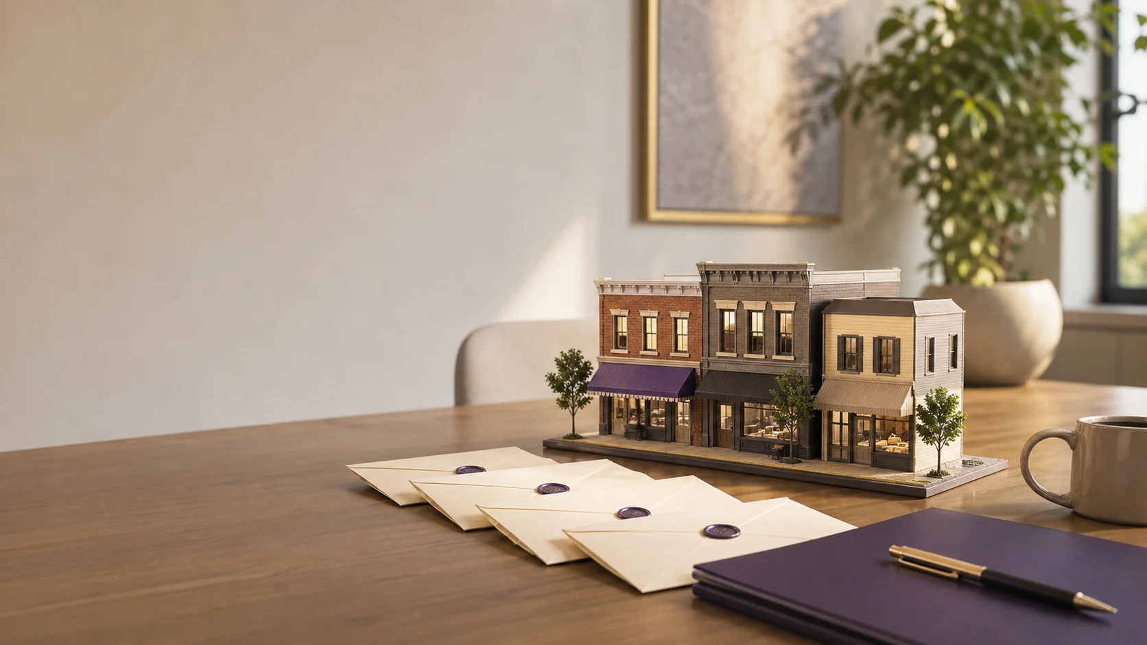 Miniature business model with sealed bid envelopes representing a seller’s market acquisition