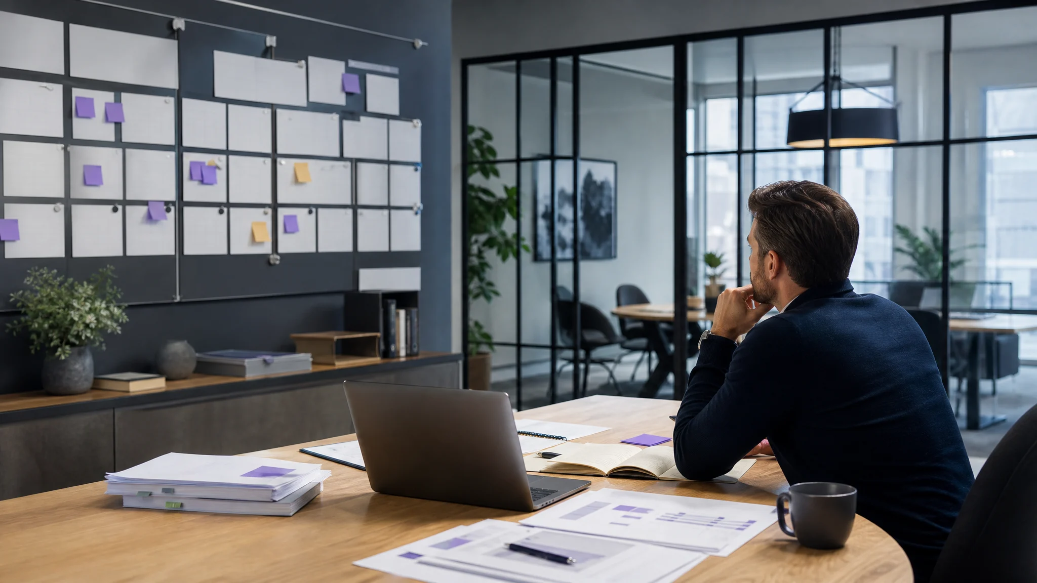 A buyer reviewing acquisition diligence materials and transition planning notes at a worktable