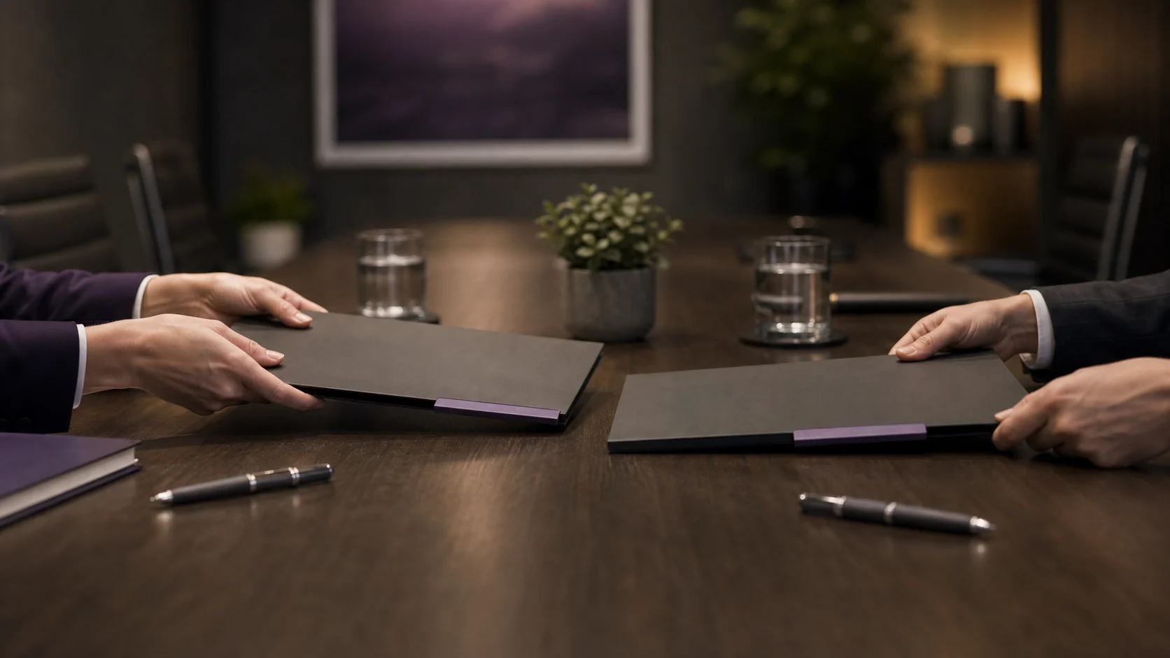 Hands-only negotiation table with offer folders and pens