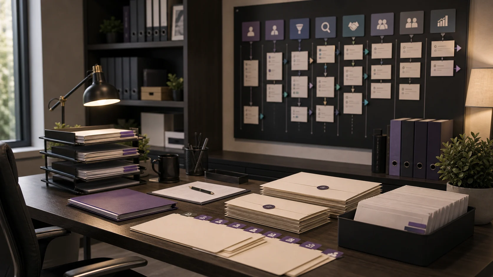 Broker desk organizing buyer inquiries and NDA envelopes